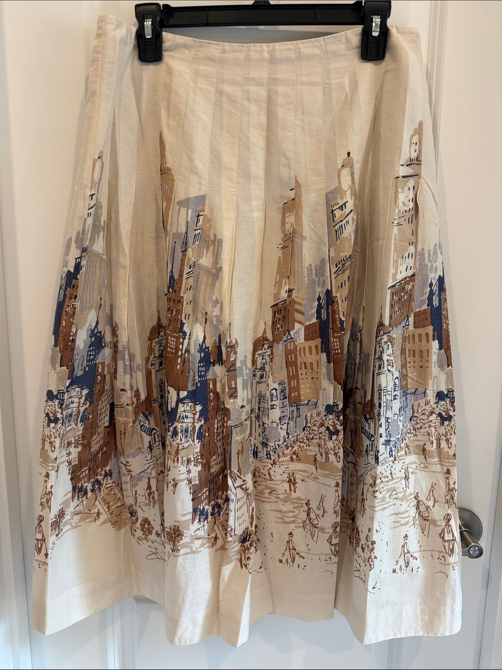 Talbots Cream A-Line Skirt with Brown & Blue Cityscape Print